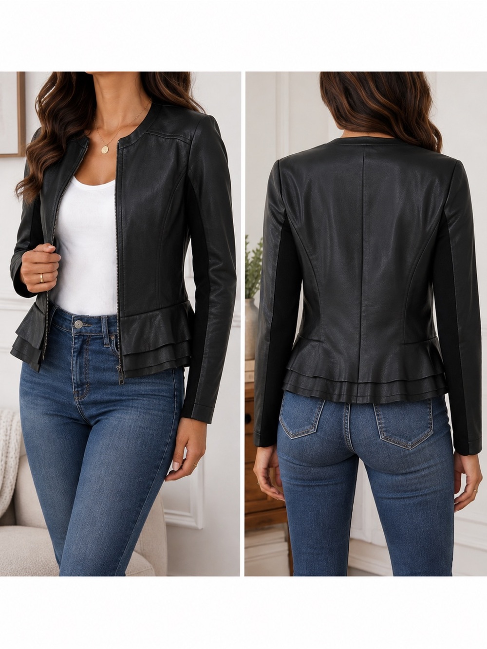 Hinge Black Genuine Leather Ruffle Peplum Moto Jacket Women’s XS